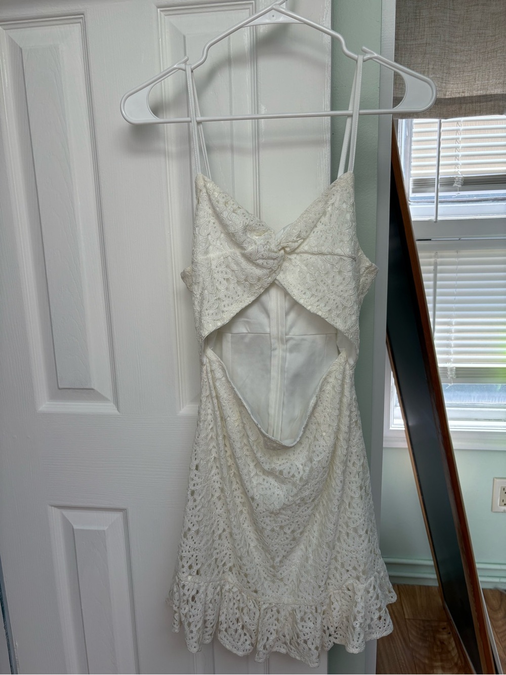 Women's Ivory Lace Cutout Slip Dress with Spaghetti Straps